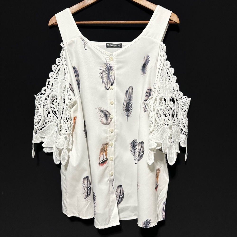 SHEILAY Feather Lace Cold Shoulder Blouse Boho Fairycore Whimsy XXL